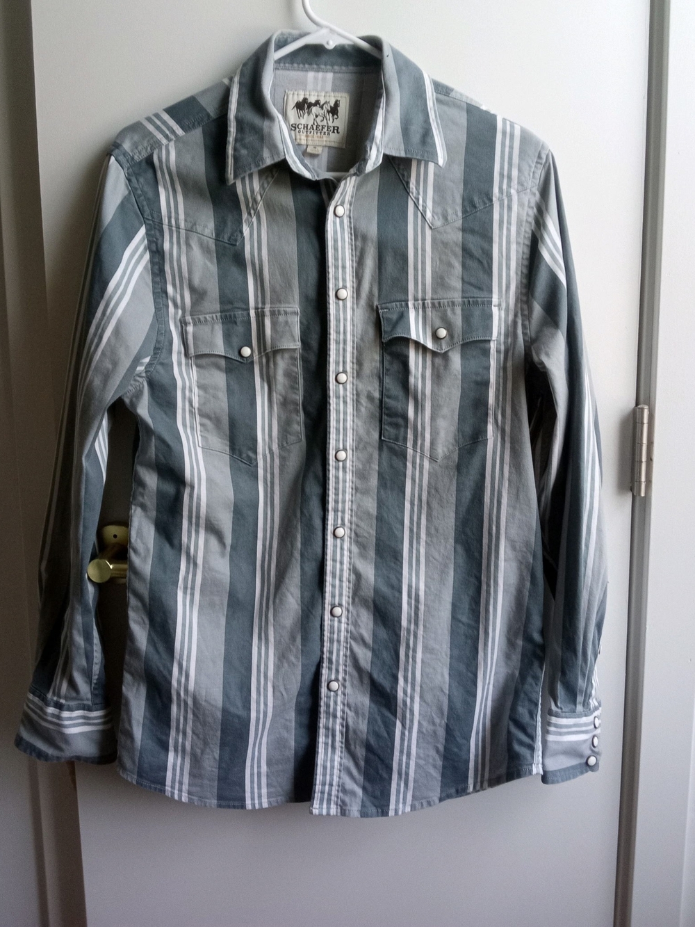 Schaefer Outfitter Mens Small Grey Striped Pearl Snap Western Shirt